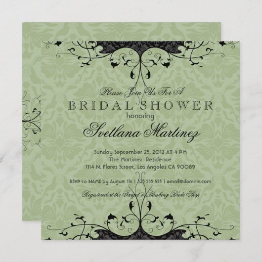 ブラック&セージ – グリーンエレガントブライダルシャワー招待状 招待状 (正面/裏面)