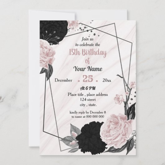 ブラック&ソフトピンクフローラ幾何学誕生日パーティー 招待状 (正面)