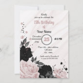 ブラック&ソフトピンクフローラ誕生日パーティー 招待状 (正面)