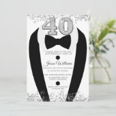 ブラック・タキシード・スーツ・シルバーメンズ40歳のパーティー 招待状 (スタンド正面)