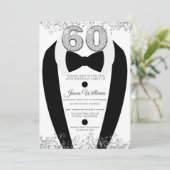 ブラック・タキシード・スーツ・シルバーメンズ60歳の誕生日パーティー 招待状 (スタンド正面)