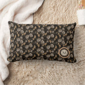 ブラック&タンエレガントフローラルパターンモノグラム ランバークッション (ブランケット)