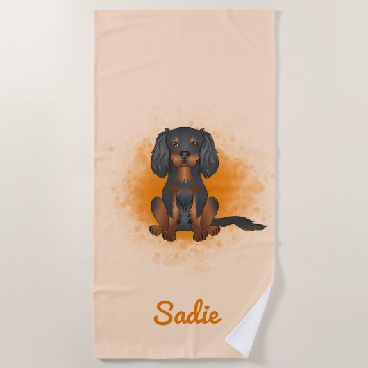 ブラック&タンカバリエールキングチャールズドッグオンオレンジ ビーチタオル (正面)