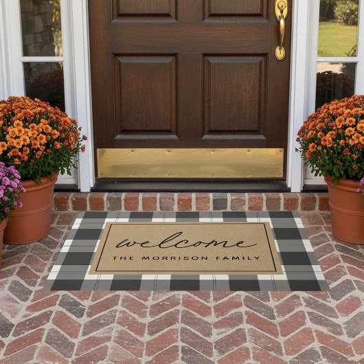 ブラック&タンファームハウスプレイドウェルカムパーソナライズされたホテル ドアマット