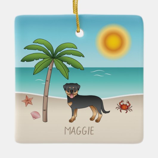 ブラック&タンロットワイラーアットアトロピカルサマービーチ セラミックオーナメント (正面)
