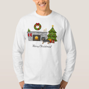 ブラック+タン+ショートヘアダックスフンドのクリスマスルーム Tシャツ