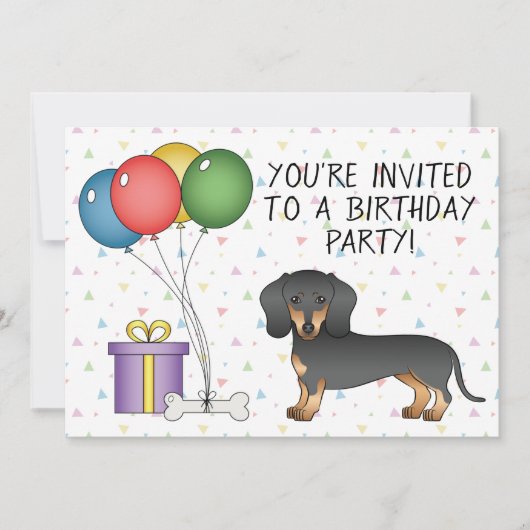 ブラック+タン+ショートヘアダックスフンドの犬 - 誕生日 招待状 (正面)