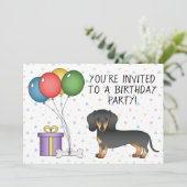 ブラック+タン+ショートヘアダックスフンドの犬 - 誕生日 招待状 (スタンド正面)