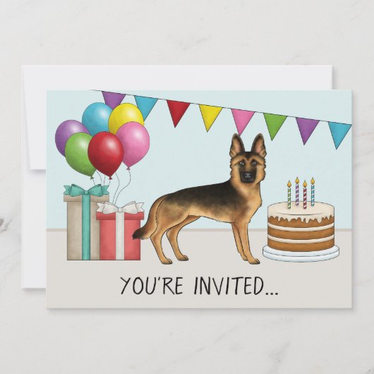 ブラック+タン+ジャーマン+シェパードのカラフルな誕生日 招待状 (正面)