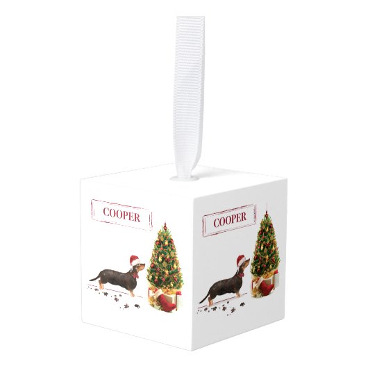 ブラック&タン・ダシュントおもしろい・クリスマス・ドッグ キューブオーナメント (正面アングル)