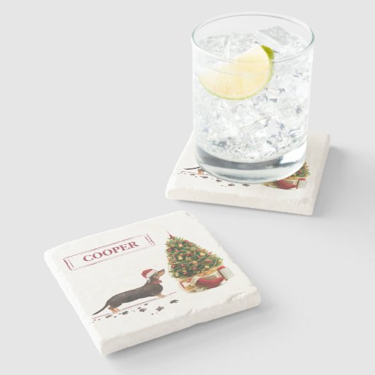 ブラック&タン・ダシュントおもしろい・クリスマス・ドッグ ストーンコースター (横)