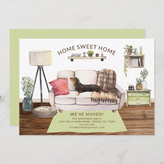 ブラック&タン·ダックシュンド·ドッグの動き案内 招待状 (正面/裏面)