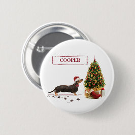 ブラック+タン・ダックスフントの面白いクリスマス犬 缶バッジ