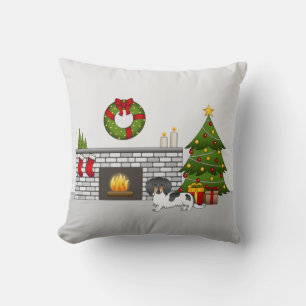 ブラック+タン+パイド+ロングヘアダックスフンドのクリスマス クッション