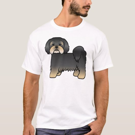 ブラック+タン ラサ・アプソ かわいい漫画の犬 Tシャツ (正面)