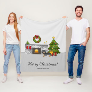 ブラック+タン ワイヤーヘアード ダックスフント - クリスマスの部屋 フリースブランケット