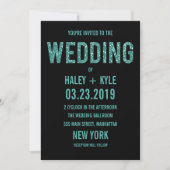 ブラック&ターコイスグリッタータイポグラフィウェディングエグッズ 招待状 (正面)