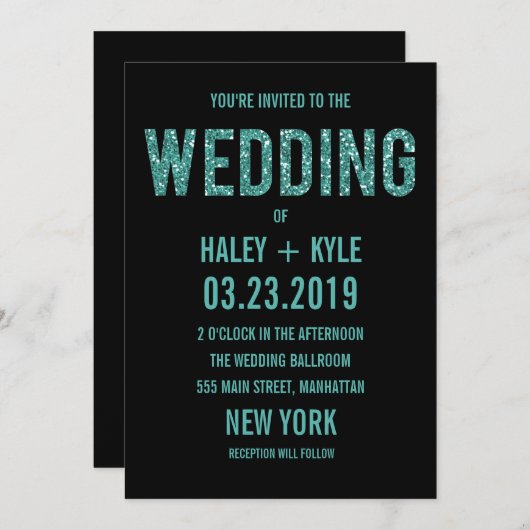 ブラック&ターコイスグリッタータイポグラフィウェディングエグッズ 招待状 (正面/裏面)