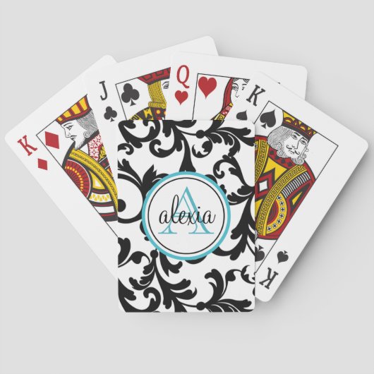 ブラック&ターコイズモノグラムのダマスクプリント トランプ (裏面)