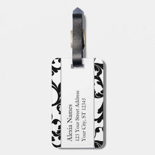 ブラック&ターコイズモノグラムのダマスクプリント ラゲッジタグ (裏面縦)