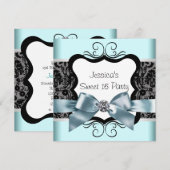 ブラック ダマスク ティール ブルー ブラック スイート 16 誕生日 パーティー 招待状 (正面/裏面)