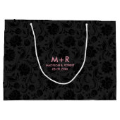 ブラック&ダークグレーカスタムダマスク結婚文字 ラージペーパーバッグ (裏面)