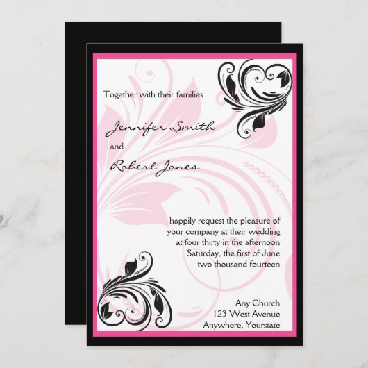 ブラック&ダークピンクフローラ結婚式招待状 招待状 (正面/裏面)