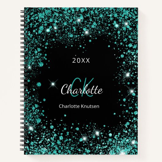 ブラック ティール グリッター ダスト グリーン モノグラムイニシャル ノートブック (正面)