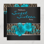 ブラック ティール ブルー ゼブラ スイート 16 誕生日パーティー 招待状 (正面/裏面)