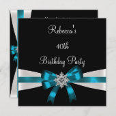 ブラック ティール ホワイト ジュエル ボウ 40歳 エレガント 誕生日 招待状 (正面/裏面)