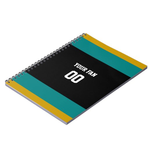 ブラック、ティール(緑がかった色)、金ゴールドサッカーチームパーソナライズされた ノートブック (左側)