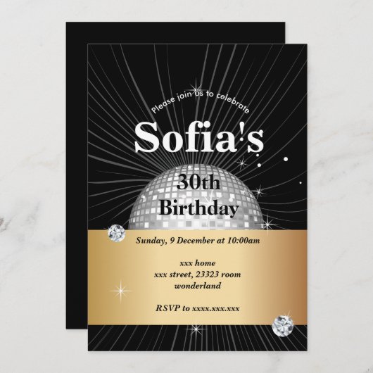 ブラック、ディスコパーティー、70年代、踊りパーティー 招待状 (正面/裏面)