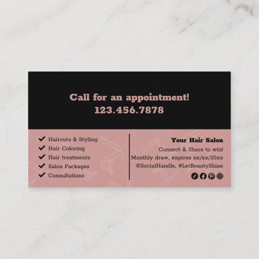 ブラック&トスカーニーピンクの髪のサロンロゴの報酬 ロイヤリティカード (裏面)