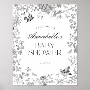 ブラック・トワル・ジュイー フラワー柄 ベビーシャワー ウェルカムサイン ポスター