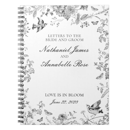 ブラック・トワル・ド・ジュイの結婚式のイニシャル ウェディング・ブライド&グルーム ノートブック (正面)