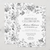 ブラック トワ・ド・ジュイ フレンチ フローラル バースデーパーティー 招待状 (正面/裏面)