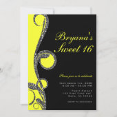 ブラック & ネオンイエロー グリッター スワール スイート16 パーティー 招待状 (正面)
