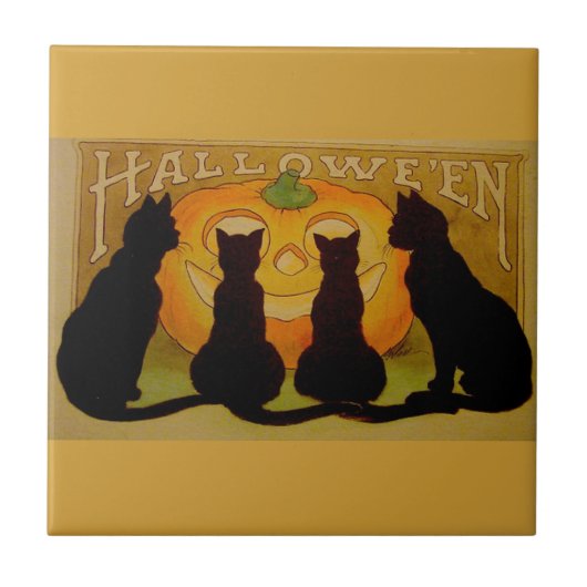 ブラック・ハロウィーン猫とカボチャ タイル (正面)