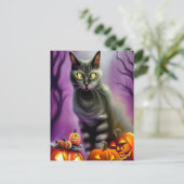 ブラック・ハロウィーン・キャットと彫りカボチャ ポストカード (スタンド正面)