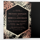 ブラック&バラゴールドフォイルトロピカルパーム結婚ズ 三つ折り招待状 (内部最初)