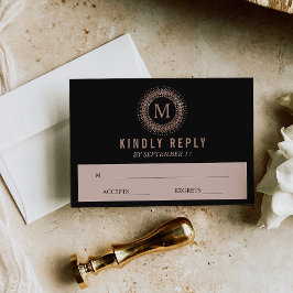 ブラック&バラフェイク金ゴールドデコモノグラムウェディングRSVP 出欠カード