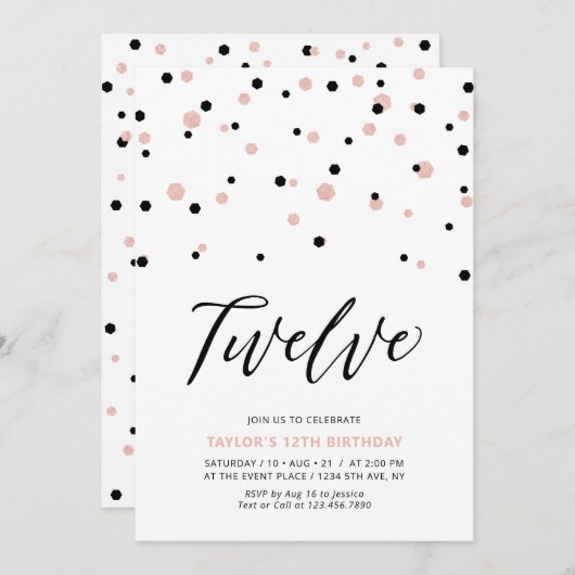 ブラック&バラ金ゴールドガール12th10代のバースデーパーティー 招待状 (正面/裏面)