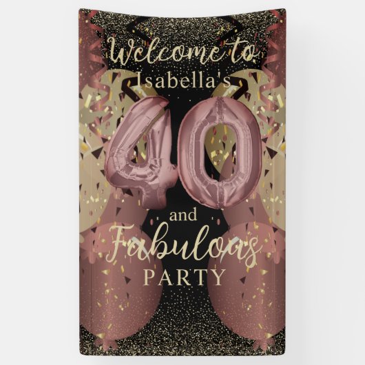 ブラック&バラ金ゴールドグリッター40th Birthday 横断幕 (縦)