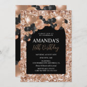 ブラック&バラ金ゴールドバルーンアーチ誕生日 招待状 (正面/裏面)