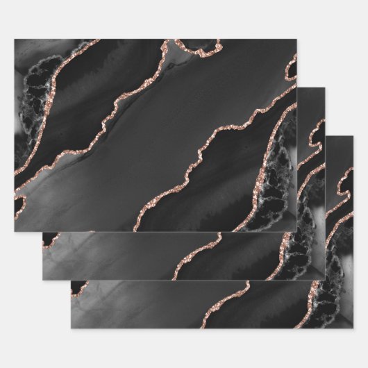 ブラック&バラ金ゴールドフェイクグリッターアゲートデザイン ラッピングペーパーシート (セット)