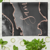 ブラック&バラ金ゴールドフェイクグリッターアゲート キッチンタオル (折り畳み)