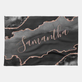 ブラック&バラ金ゴールドフェイクグリッターアゲート キッチンタオル