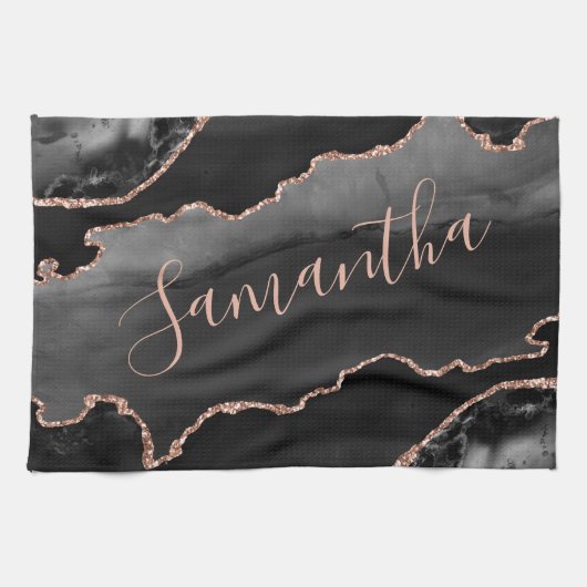 ブラック&バラ金ゴールドフェイクグリッターアゲート キッチンタオル (横)