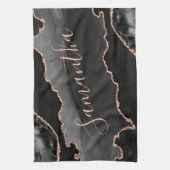 ブラック&バラ金ゴールドフェイクグリッターアゲート キッチンタオル (縦)