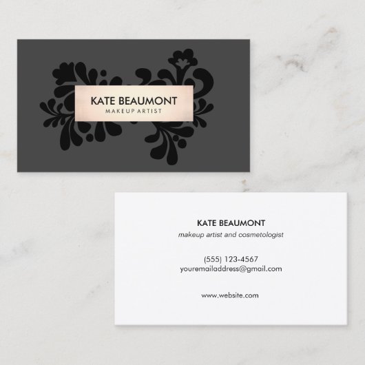 ブラック&バラ金ゴールドメイクアップアーティスト&ヘアサロン 名刺 (正面/裏面)